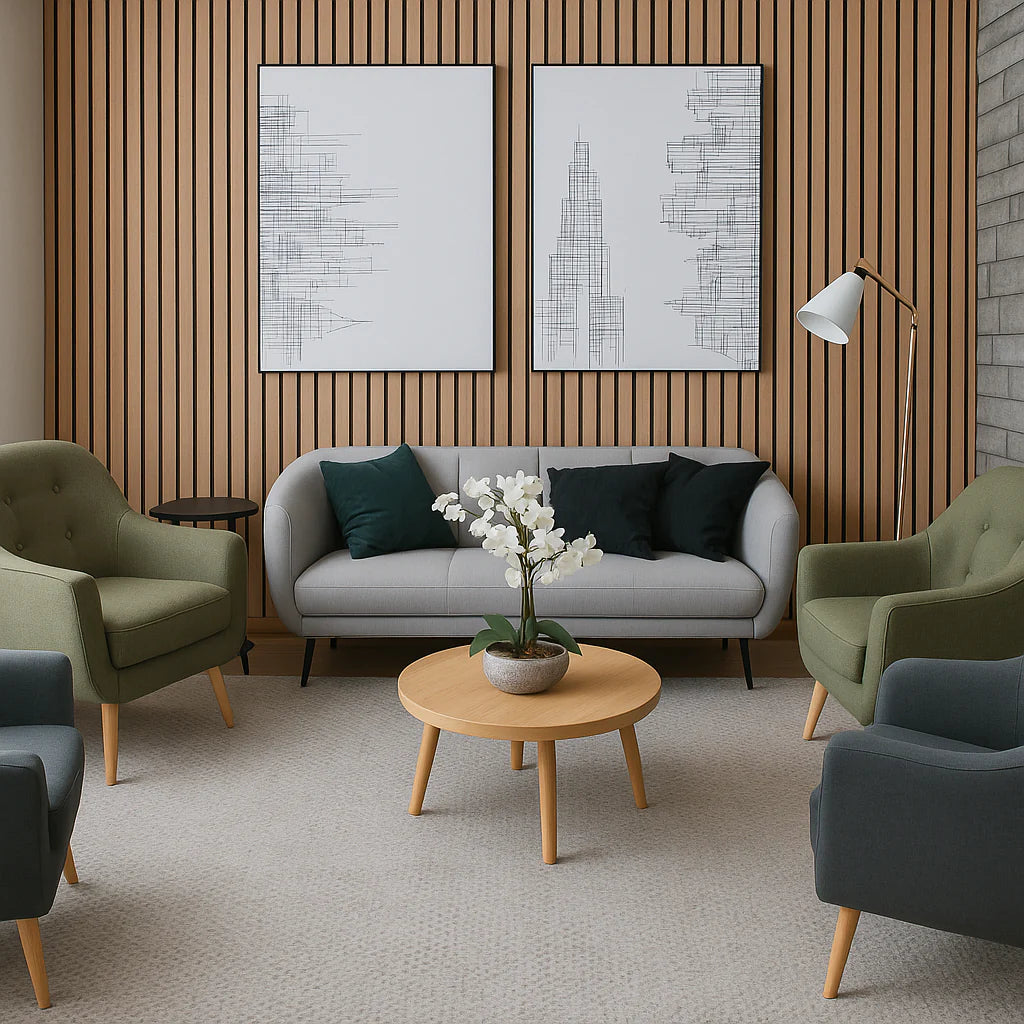 Front view of a single Wide Slat Premium Oak wood veneer acoustic wall panel showing modern wide slat design and premium oak finish solid furniture UK
