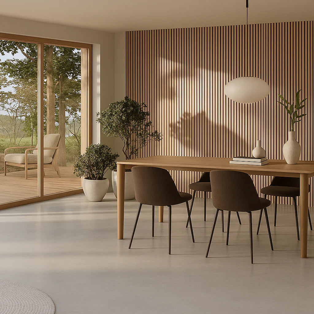 Side view of Wide Slat 3-sided Premium Oak wood veneer acoustic wall panel showing depth, three-sided veneer wrap, and acoustic backing solid furniture UK