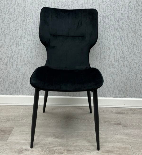 Windsor Velvet Dining Chair Pair in Black with luxurious velvet finish and black metal legs from Solid Furniture UK