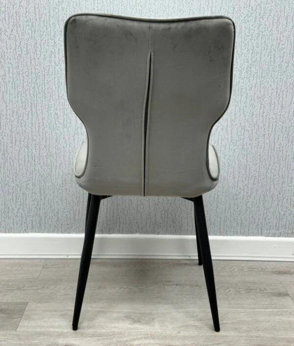 Back view of Grey Windsor Velvet Dining Chair Pair with comfortable padded velvet backrest from Solid Furniture UK