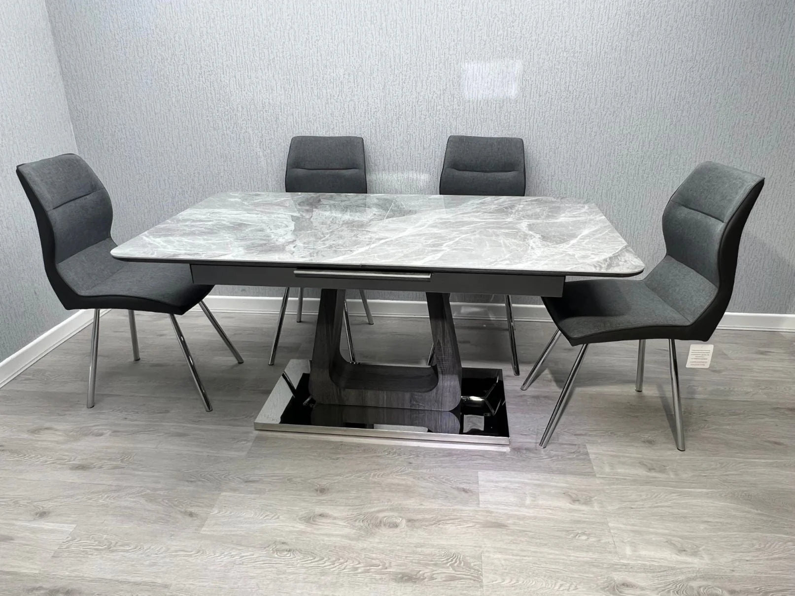 Zermatt 120cm grey ceramic dining table with 4 grey fabric chairs complete dining set featuring marble effect top from Solid Furniture UK for modern UK dining rooms
