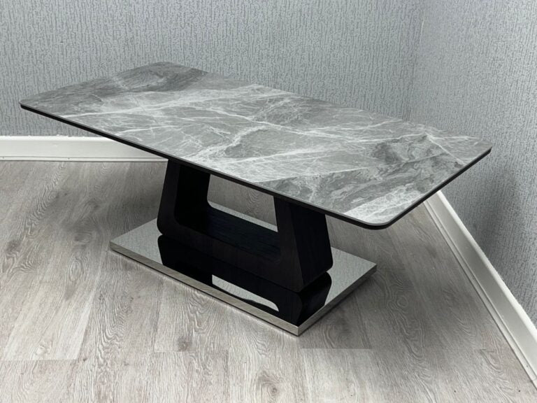Zermatt coffee table with ceramic top and modern base side view - Solid Furniture UK