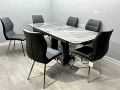 Zermatt extendable dining table with 6 grey fabric chairs complete dining set from Solid Furniture UK with modern marble effect design