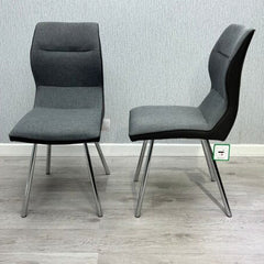 Zermatt grey dining chair showing main and side angles with modern upholstered finish and chrome legs from Solid Furniture UK