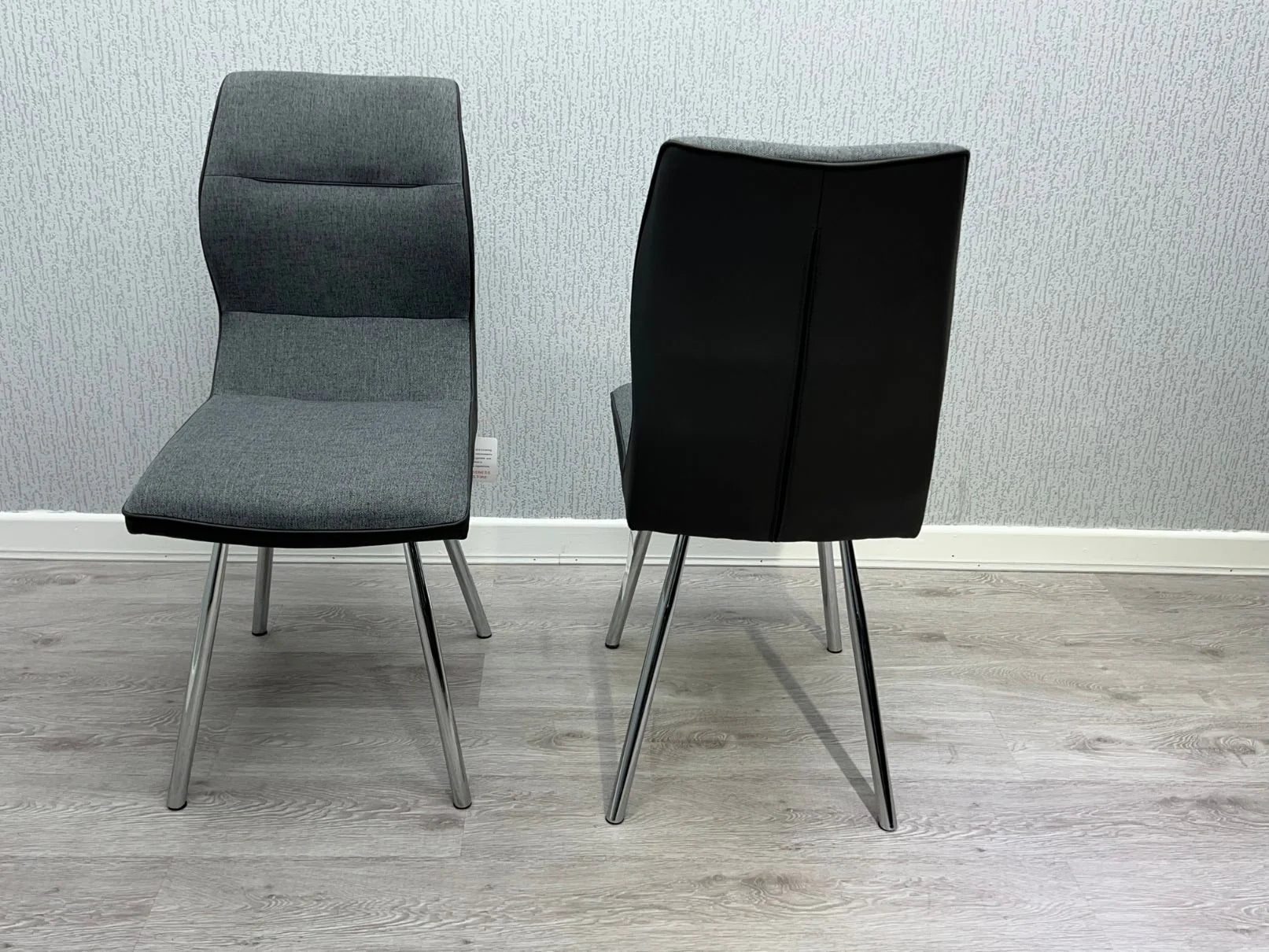 Zermatt dining chairs upholstered in grey fabric and PU leather with foam cushioning and chrome legs from Solid Furniture UK modern dining chairs UK