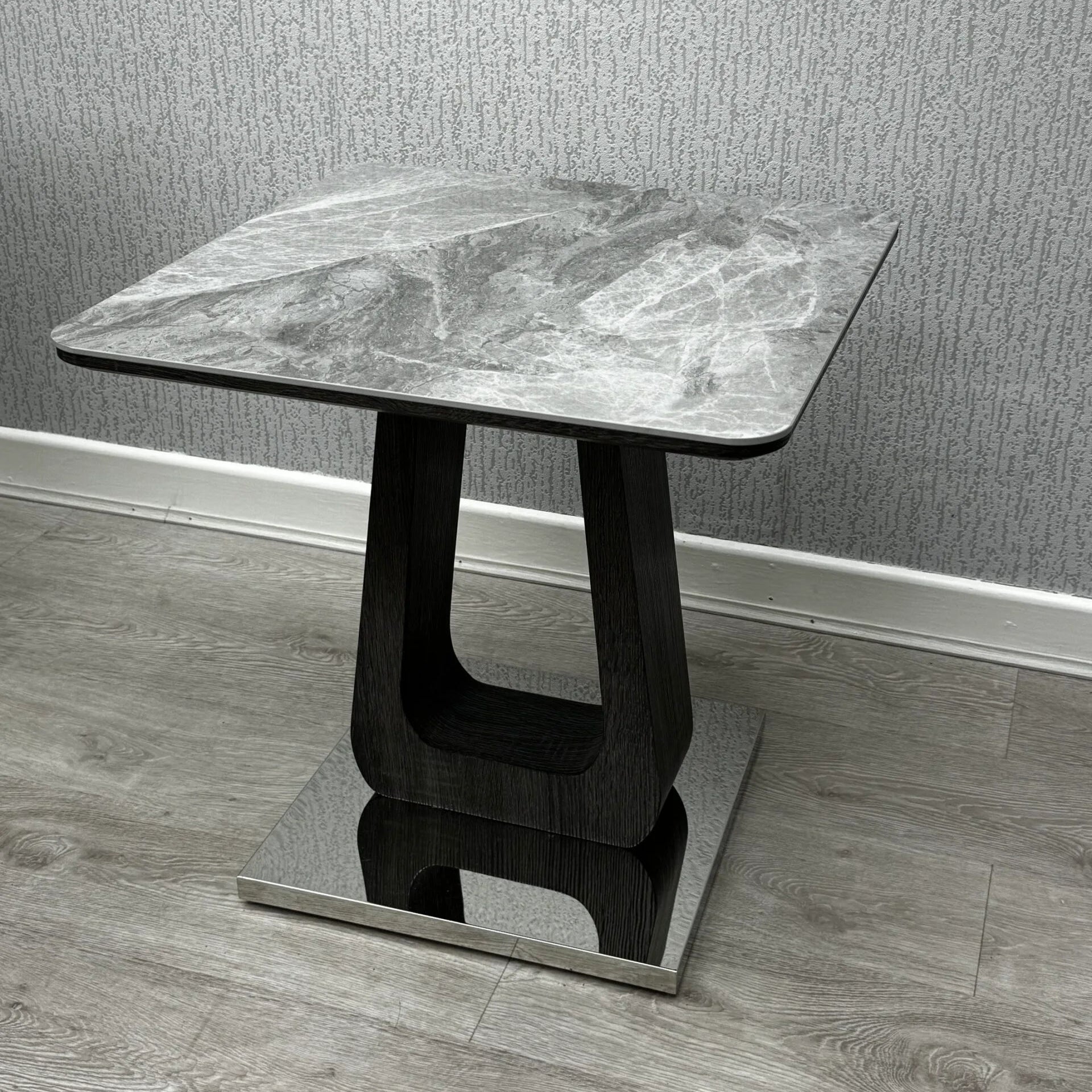 Zermatt lamp table with sculpted pedestal and chrome base side view - Solid Furniture UK