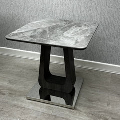 Zermatt lamp table with sculpted pedestal and chrome base side view - Solid Furniture UK